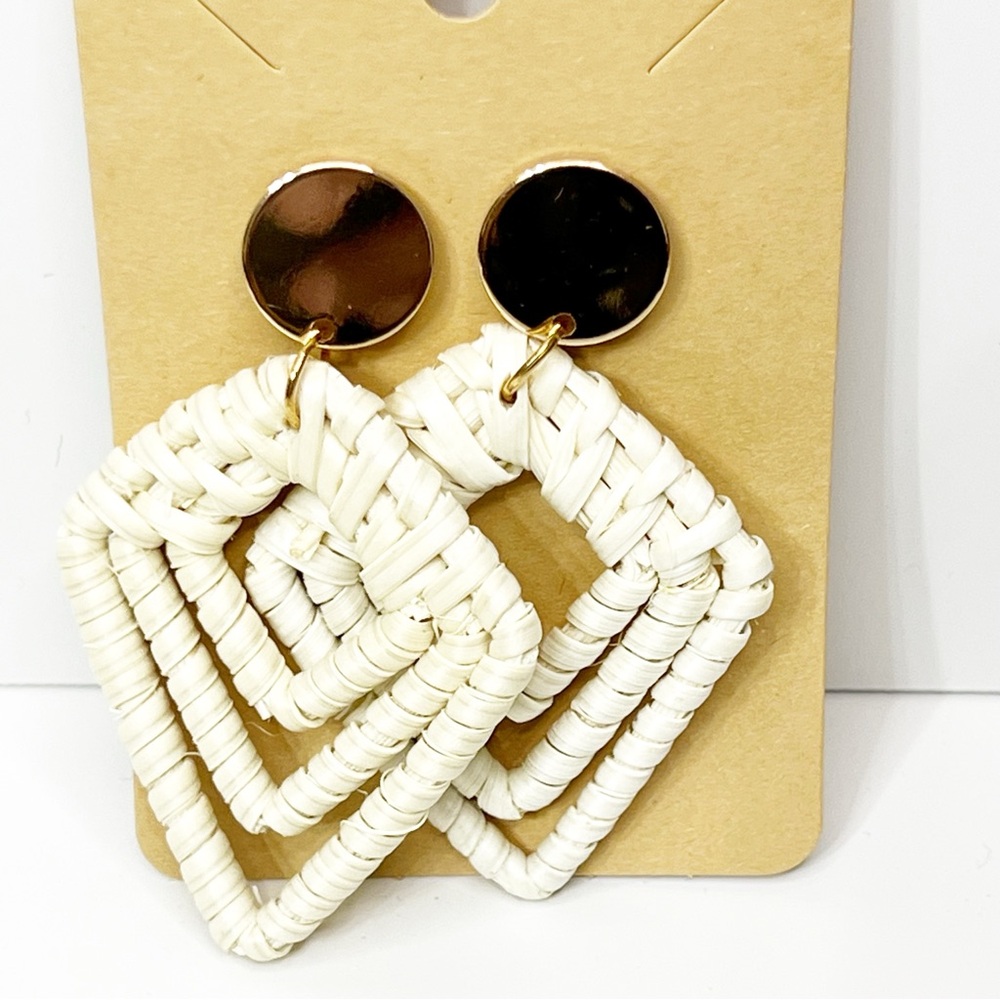 Ivory Woven Rattan Geometric Drop Earrings - Picture 2 of 2